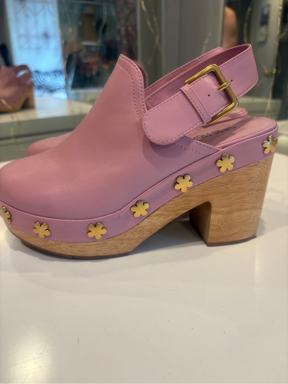Charlotte Stone Pink Leather Floral-Stud Wooden Clog Heels
